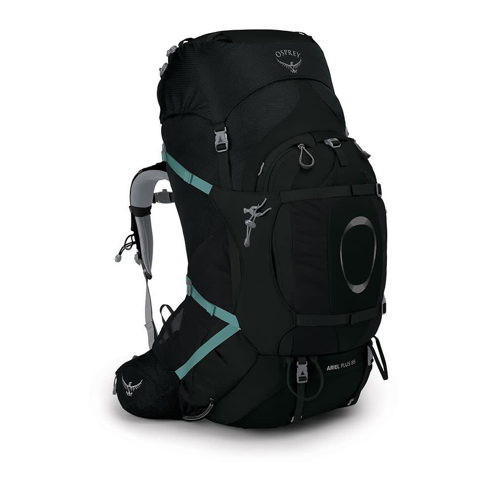 Osprey Ariel Plus 85 ekspedisjonssekk i sort sett fra siden