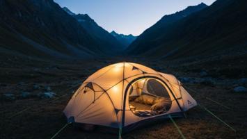 Romslig firepersoners familietelt ved baseleir i en alpin dal i skumringen
