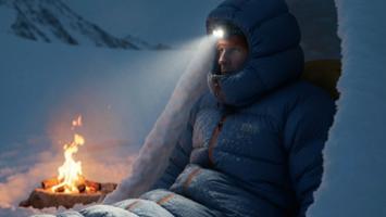 Vinterekspedisjon med dunsovepose i snøhule i skumringen
