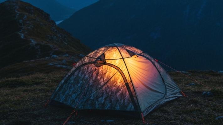 Topersoners telt på en gressrygg i skumringen i norske fjell